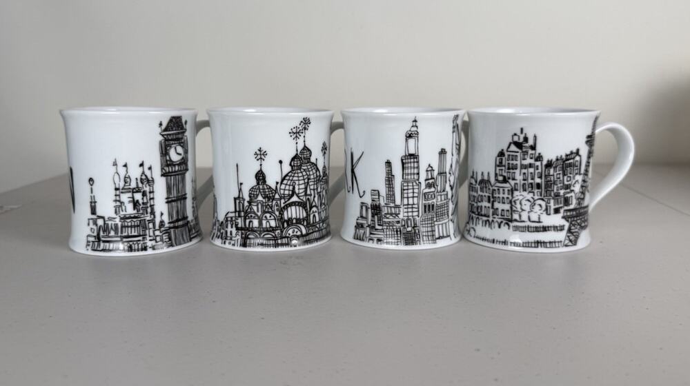 Set of 4 Designs Rosanna "BON VOYAGE" Mugs 3 1/2" Tall